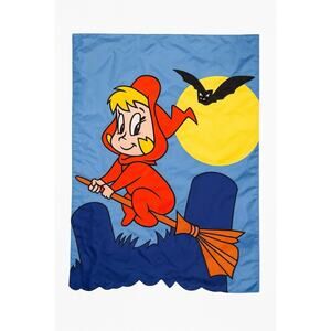 Vintage Casper Halloween Witch Fabric Wall Hanging Banner Flying Broomstick Bat